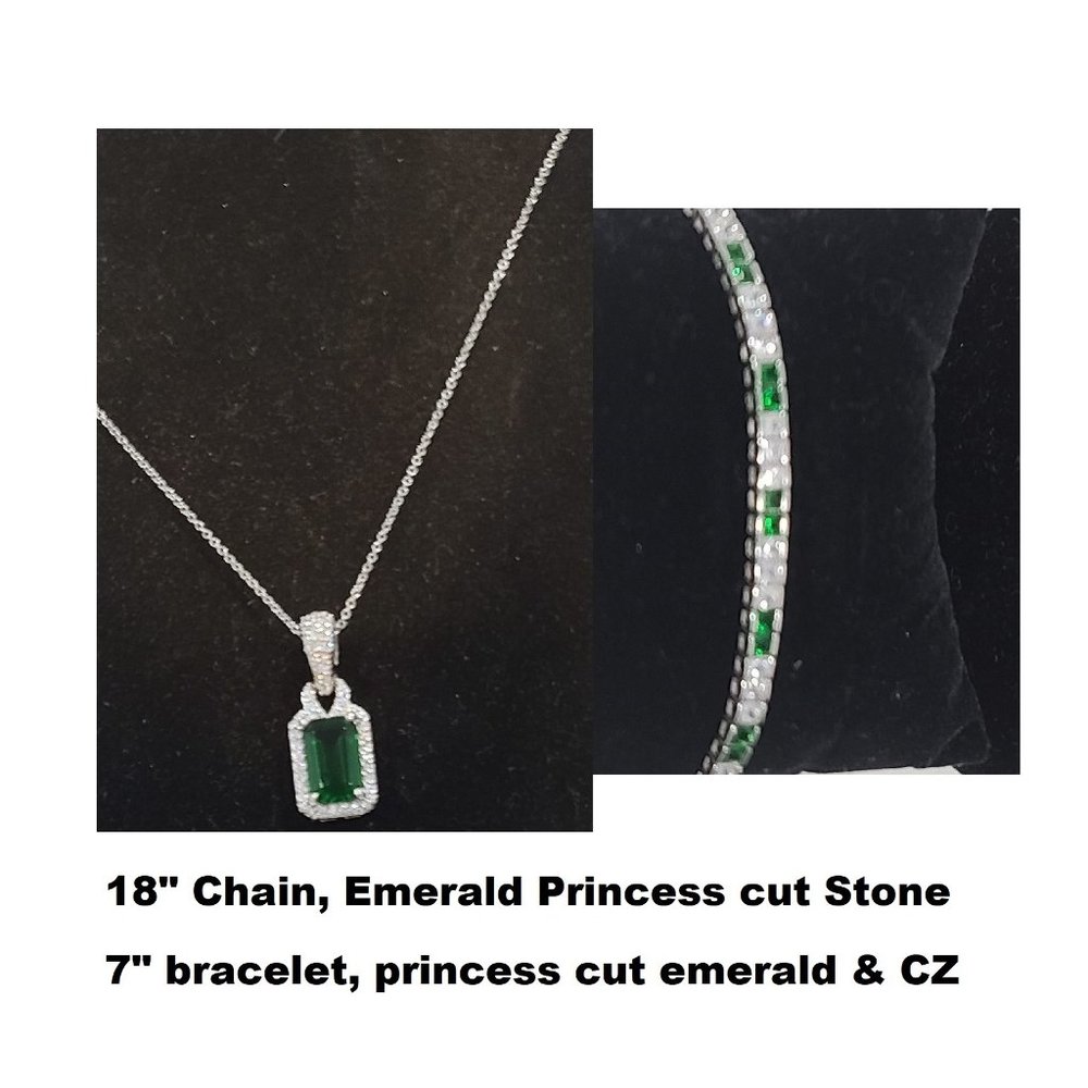 ✅ 925 Sterling Silver Set: Emerald Diamond Necklace & Matching Bracelet